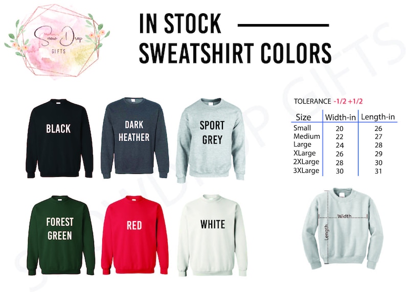 K&ouml;nnte beinhalten: Eine Tabelle mit den Farben und Gr&ouml;&szlig;en von Sweatshirts. Die Farben umfassen Schwarz, Dunkelgrau meliert, Sportgrau, Waldgr&uuml;n, Rot und Wei&szlig;. Die Gr&ouml;&szlig;entabelle zeigt die Breite und L&auml;nge in Zoll f&uuml;r die Gr&ouml;&szlig;en S bis 3XL.