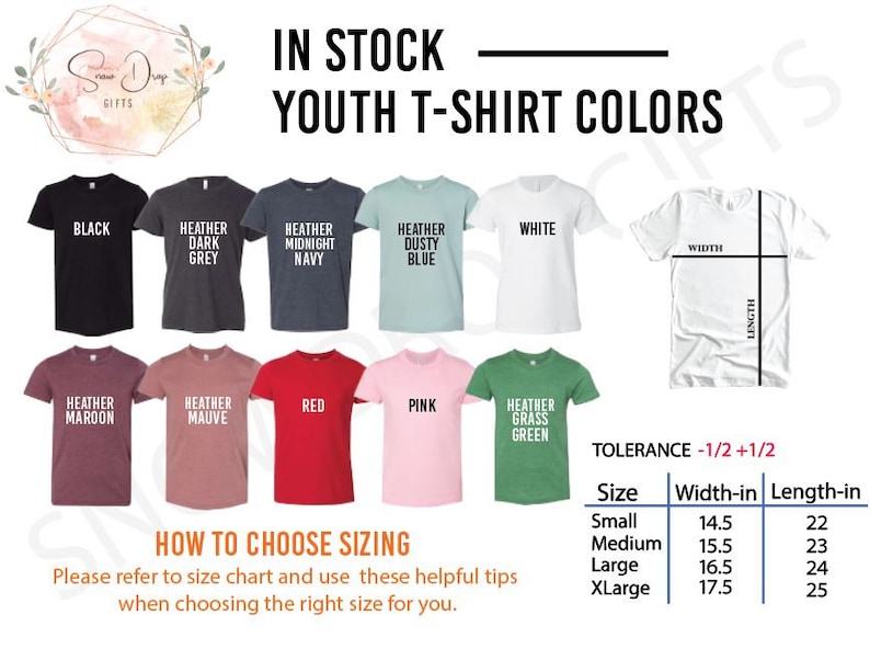 May include: Youth t-shirt color chart with 10 different color options, including black, heather dark grey, heather midnight navy, heather dusty blue, white, heather maroon, heather mauve, red, pink, and heather grass green. The chart also includes a size chart with width and length measurements in inches for sizes small, medium, large, and extra large.