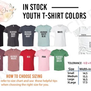May include: Youth t-shirt color chart with 10 different color options, including black, heather dark grey, heather midnight navy, heather dusty blue, white, heather maroon, heather mauve, red, pink, and heather grass green. The chart also includes a size chart with width and length measurements in inches for sizes small, medium, large, and extra large.