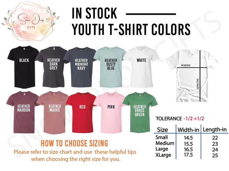 May include: Youth t-shirt color chart with 10 different color options, including black, heather dark grey, heather midnight navy, heather dusty blue, white, heather maroon, heather mauve, red, pink, and heather grass green. The chart also includes a size chart with width and length measurements in inches for sizes small, medium, large, and extra large.