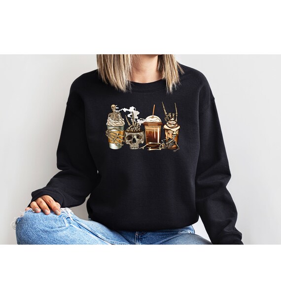 Skeleton Coffee Cups Sweatshirt, Halloween Sweater, Coffee Cups Sweat, Skull Coffee Cup Sweat, Skeleton Cups Sweatshirt, Coffee Lover Top
