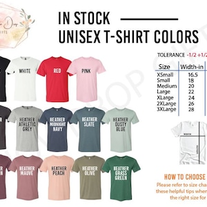 May include: A chart displaying unisex t-shirt colours and sizes. The chart features 14 different colours, including black, white, red, pink, heather dark grey, heather athletic grey, heather midnight navy, heather slate, heather dusty blue, heather maroon, heather mauve, heather peach, heather olive, and heather grass green. The chart also includes a size chart with measurements in inches for XS, S, M, L, XL, 2XL, and 3XL.