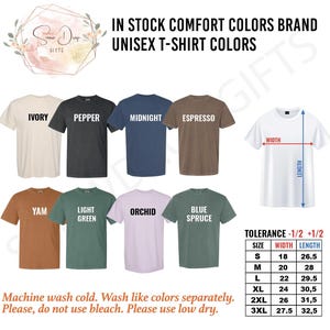 May include: A product image showcasing a variety of unisex t-shirt colors, including ivory, pepper, midnight, and espresso. Additional colors are yam, light green, orchid, and blue spruce. The image also includes a size chart with width and length measurements in inches.
