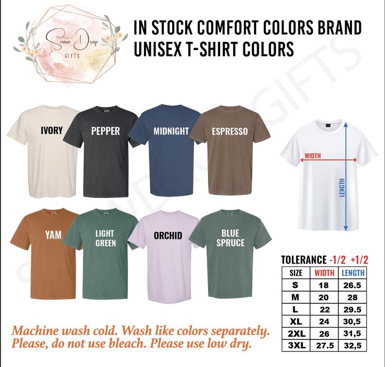 May include: A product image showcasing a variety of unisex t-shirt colors, including ivory, pepper, midnight, and espresso. Additional colors are yam, light green, orchid, and blue spruce. The image also includes a size chart with width and length measurements in inches.