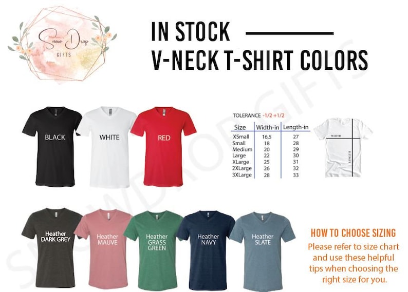 May include: V-neck t-shirt colour chart with 10 different colour options. The chart includes a size chart with measurements in inches for X-Small to 3X-Large.