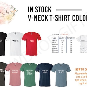 May include: V-neck t-shirt color chart with 10 different color options. The chart includes a size chart with measurements in inches for X-Small to 3X-Large.