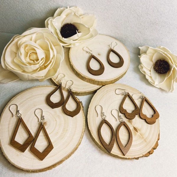 Wood earrings/ walnut earrings/ wood earrings/ sterling silver earrings / 925 silver earrings/ wood and silver earrings