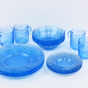 Vintage KIG Indonesia Fruit Embossed Blue Glass Dinner Set Complete 16 Pieces ~ Discontinued Pattern ~ Rare!