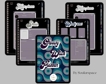 May include: Digital and printable planner with the text "Groovy Witch Planner" in a retro font. The planner features sections for moon phases, spells, and weekly tunes. The design includes a teal, blue, and white pattern.