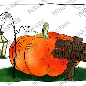 Può includere: Un'illustrazione ad acquerello di una zucca con un gambo verde e un cartello di legno che dice "Happy Halloween". La zucca è arancione e ha una vite con una lanterna appesa.