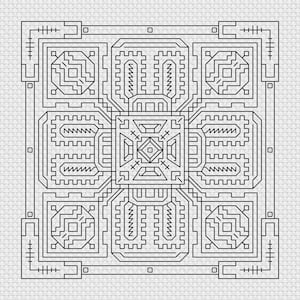 May include: Black and white geometric pattern with a square shape and intricate details. The design features a central square with four smaller squares surrounding it, all connected by lines and shapes.