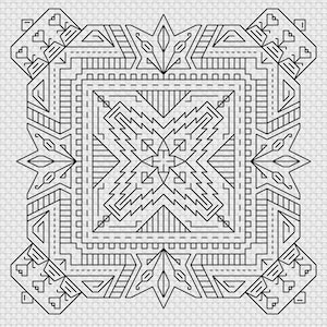 May include: Black and white geometric pattern with a symmetrical design. The pattern is made up of lines and shapes that create a complex and intricate design.