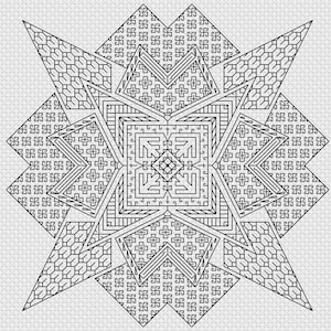 May include: Black and white geometric pattern with a starburst design. The pattern is made up of repeating squares, triangles, and arrows.