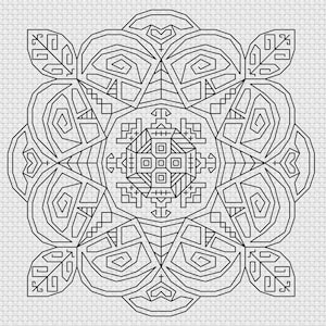 Könnte beinhalten: Schwarz-weißes geometrisches Mandala-Design mit komplizierten Mustern und Formen. Das Design ist symmetrisch und verfügt über ein zentrales Quadrat mit vier kleineren Quadraten darin.