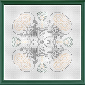 Peut inclure: Un motif de point de croix noir et blanc d'un design symétrique avec quatre arbres verts et un motif jaune et orange en arrière-plan.
