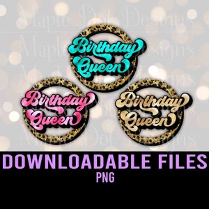 K&ouml;nnte beinhalten: Drei runde, goldene Glitzer-Kreise mit Leopardenmuster und dem Text "Birthday Queen" in einer Retro-Schrift. Der Text ist in Pink, T&uuml;rkis und Gold.