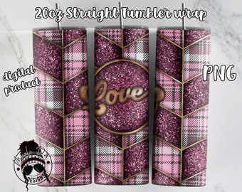 Plaid Love Tumbler Wrap | Pink Plaid Tumbler Wrap | 20 oz Tumbler Sublimation | Downloadable File