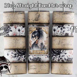 May include: A 20oz straight tumbler wrap design featuring a distressed beige background with black and white floral patterns. The center panel showcases a skeleton with sunglasses and the text "ZERO f*cks given". The design includes the text "digital product" and "PNG".