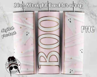 Pink Ghost Tumbler wrap | Halloween Tumbler Wrap | 20oz Skinny tumbler wrap | Downloadable PNG sublimation