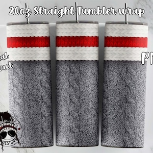 May include: Three 20oz straight tumblers with a gray and white cable knit pattern and a red stripe. The tumblers are digital products and are available as PNG files.