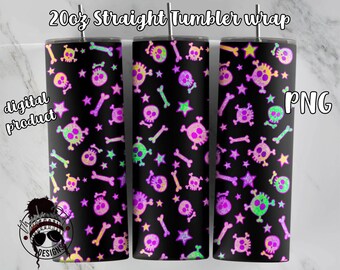 Halloween Tumbler wrap | 20oz Straight tumbler wrap | Goth tumbler wrap png | Skulls and Bones | Downloadable PNG sublimation