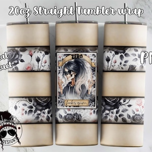 Puede incluir: Una descarga digital para una envoltura de vaso recto de 20 oz con una ilustración en blanco y negro de un esqueleto con el texto "ZERO Fucks Given" y un diseño floral con rosas negras y hojas. El diseño está sobre un fondo beige con rayas negras.
