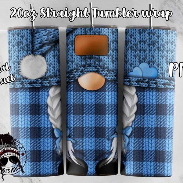 Blue Plaid Gnome Tumbler wrap | 20oz Skinny tumbler wrap | Sweater Gnome png | Downloadable PNG