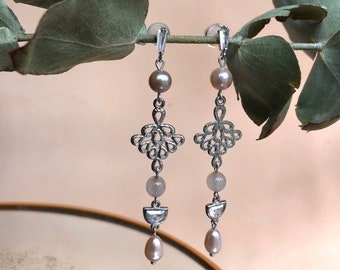 Silver and pink earrings, silver bride earrings, pink and silver ceremony earrings, pink and silver guest earrings, pink pearls