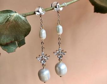 Pearl earrings for the bride, stud earrings, zircon hook earrings, vintage earrings, ceremony earrings