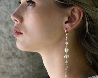 Super long earrings, natural stone earrings, pink earrings, pearl earrings, elegant bridal earrings, vintage jewelry