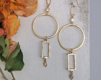 Geometric matte gold hoop earrings, long earrings, gold and zircon earrings, modern earrings, contemporary jewelry