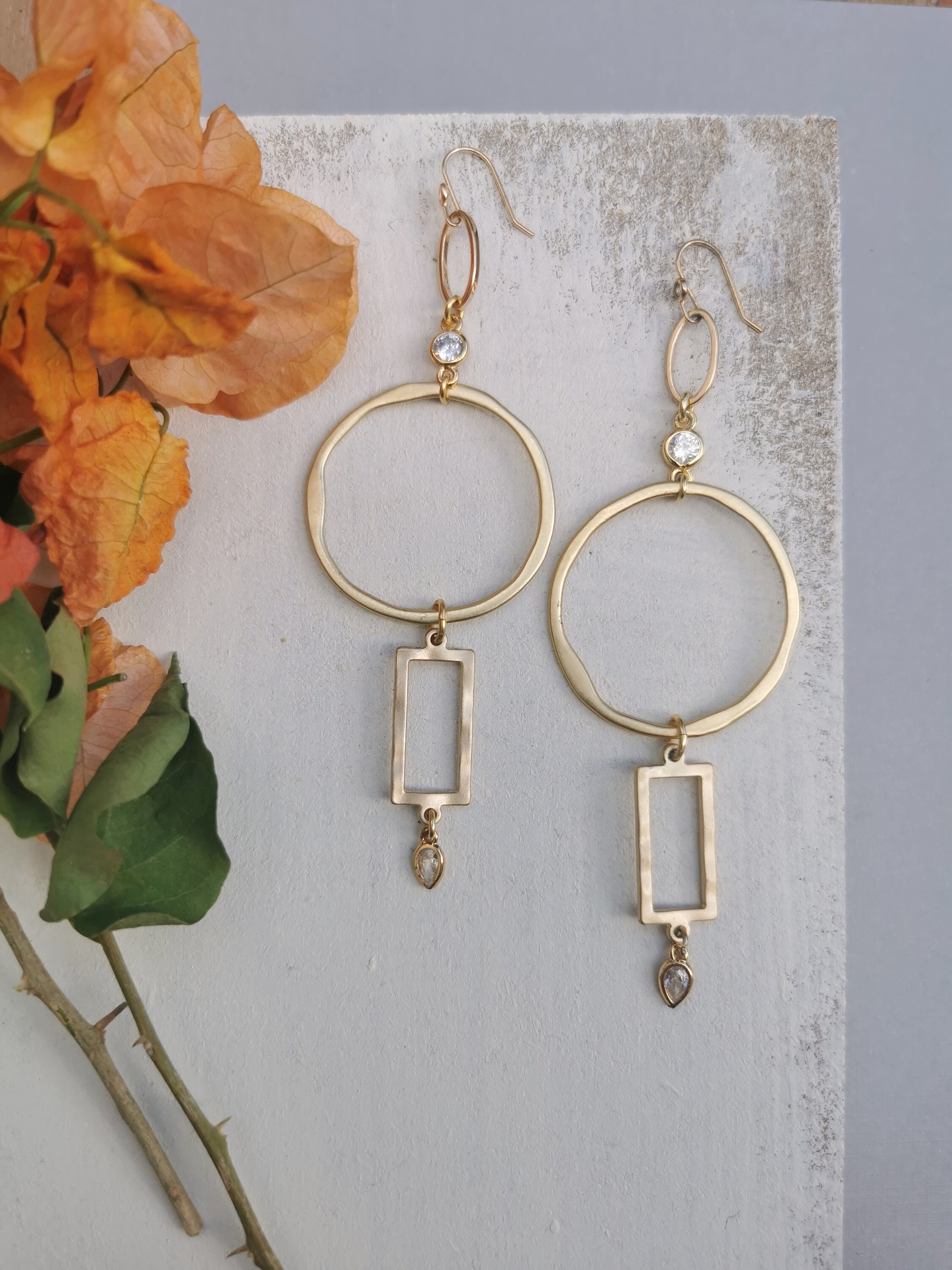 Geometric antique gold hoop earrings hammered bronze vintage Etsy