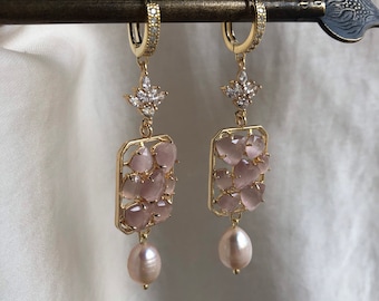 Romantic bride earrings, Great Gatsby wedding, '20s, Elegant zirconia earrings, Stunning rose quartz jewelry, silver