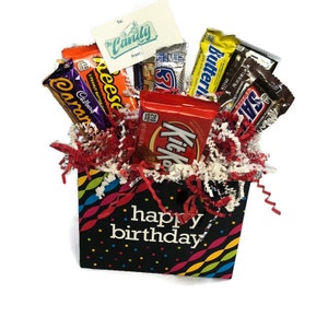 Custom Happy Birthday Candy Arrangement Gift Box with Mike Ike, Reeses Pcs, Hershey dark, snickers, twix, snowcaps, straw twizzlers, patty