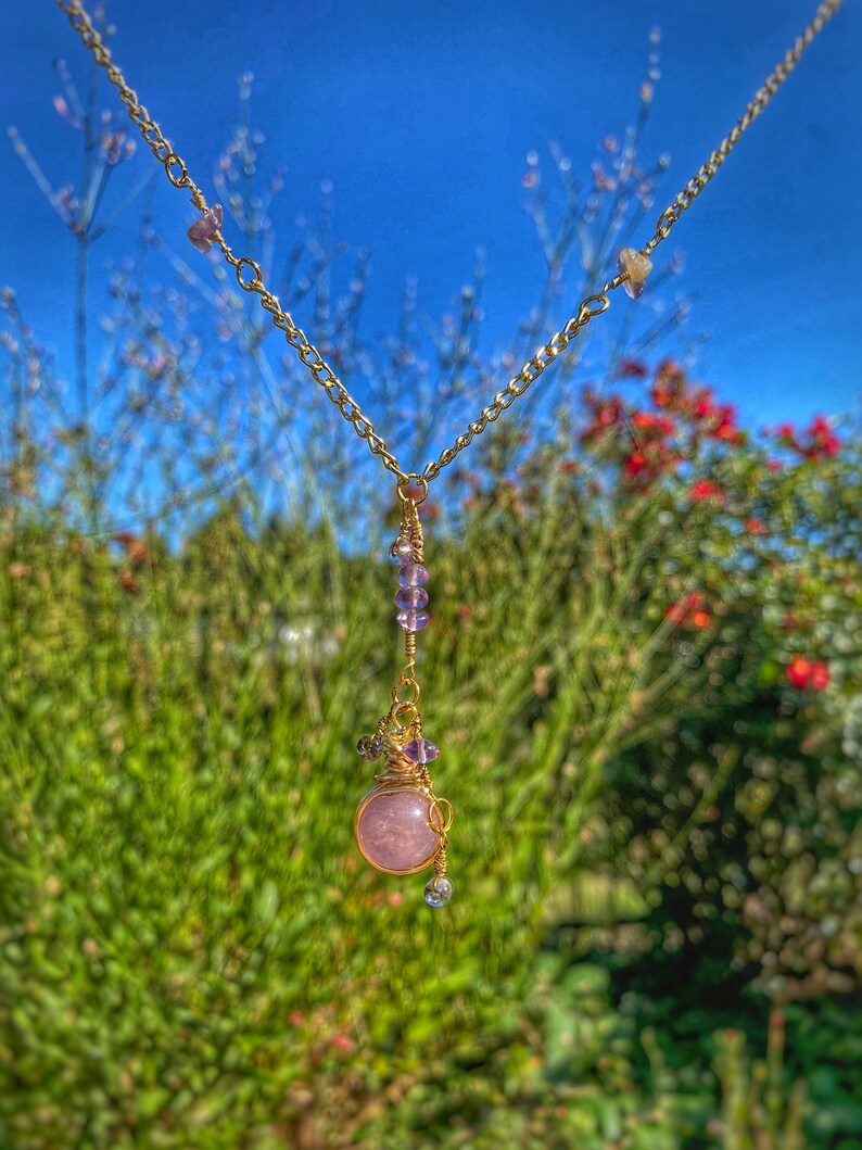 Elegant Gold Amethyst Necklace Amethyst Crystal Ball Necklace Intricate Crystal Tassel Necklace Ornate Natural Purple Gemstone Necklace