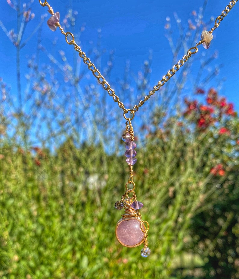 Elegant Gold Amethyst Necklace Amethyst Crystal Ball Necklace Intricate Crystal Tassel Necklace Ornate Natural Purple Gemstone Necklace