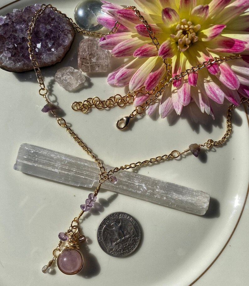 Elegant Gold Amethyst Necklace Amethyst Crystal Ball Necklace Intricate Crystal Tassel Necklace Ornate Natural Purple Gemstone Necklace