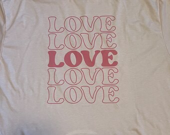 Light heath peach pink tultex shirt with love love love design in brighter pink, graphic tee, Valentine's Day shirt