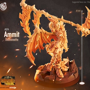 May include: A detailed miniature figurine of Ammit, a demonette from the Depths of Hell series. The figurine is made of a light brown plastic and depicts Ammit with wings, a spear, and a fierce expression. The figurine is 45 mm tall and is recommended to be placed on a 35 mm base.