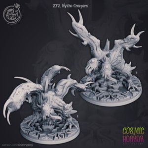 May include: Two 3D printed grey plastic miniatures of Nyzho Creepers from the Cosmic Horror Collection. The creatures have multiple limbs and eyes, and are posed on circular bases with intricate designs.