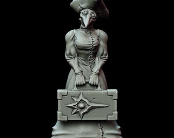 May include: A gray, plague doctor figurine holding a closed, rectangular box with a star design. The figurine is wearing a long, flowing robe and a hat with a beak.