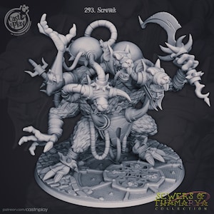 May include: A gray, multi-limbed, rat-like creature with a mechanical body and a sword. The creature is standing on a circular base with a sewer grate design. The text "Sewers of Thamarrya Collection" is printed on the base.