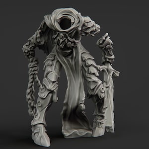 May include: A detailed, gray miniature figure of a warrior in ornate armor, holding a sword and a rope-like weapon. The figure has a hooded cloak and intricate detailing on the armor, with a dark background.