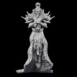 May include: A detailed, gray, 3D printed miniature of a skeletal figure with a skull-like head and multiple arms. The figure is wearing a long, flowing robe and has a skeletal appearance.