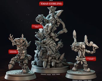 May include: A set of three Christmas goblin miniatures, each with a unique design. The first goblin is holding a Christmas tree, the second is holding a firework, and the third is holding a Christmas light. The miniatures are made of grey plastic and are approximately 37mm, 56mm, and 39mm tall, respectively.