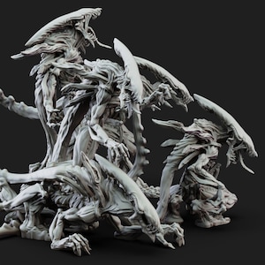 May include: A set of five detailed, gray, alien creature figurines. The figures are posed in a variety of dynamic stances, with their limbs and tails extended. The figures are made of a smooth, sculpted material and have a realistic appearance.