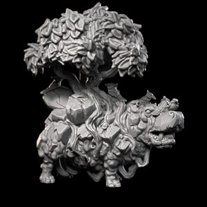 May include: A 3D printed model of a fantastical creature with a rhinoceros-like head, a rocky body, and a tree growing from its back. The tree has leaves and branches, and there are small birds perched on the branches.
