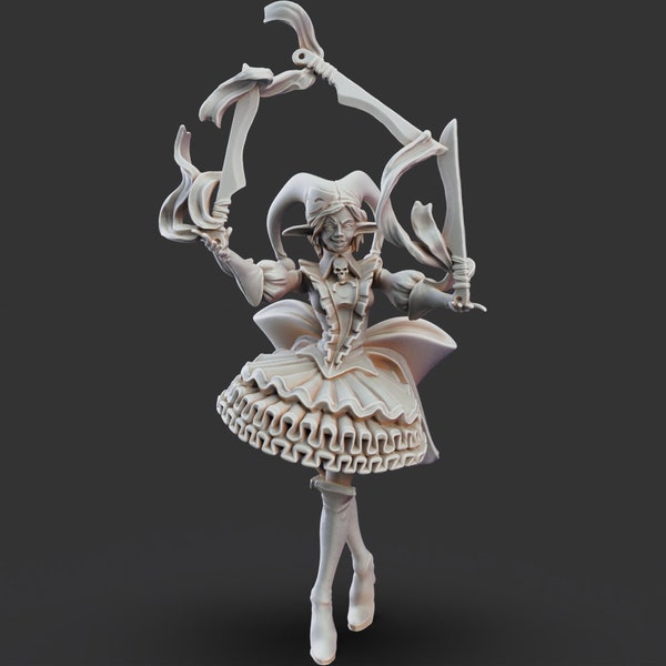 May include: A white painted miniature figurine of a female character wearing a jester hat and a frilly dress. She is holding a sword in one hand and a ribbon in the other.