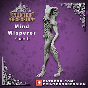Puede incluir: Una figura en miniatura gris y detallada de una criatura humanoide con tentáculos y un cuerpo largo y delgado. La figura camina hacia adelante con la pierna derecha extendida. La figura se titula "Mind Whisperer Yuan-ti".