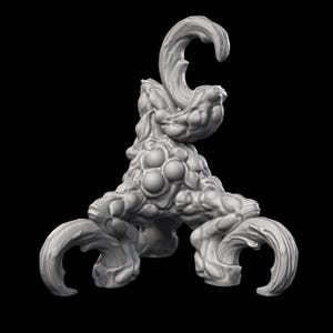May include: A white, 3D printed sculpture of a creature with a bulbous body and three legs. The creature has a curled tail and a textured surface.